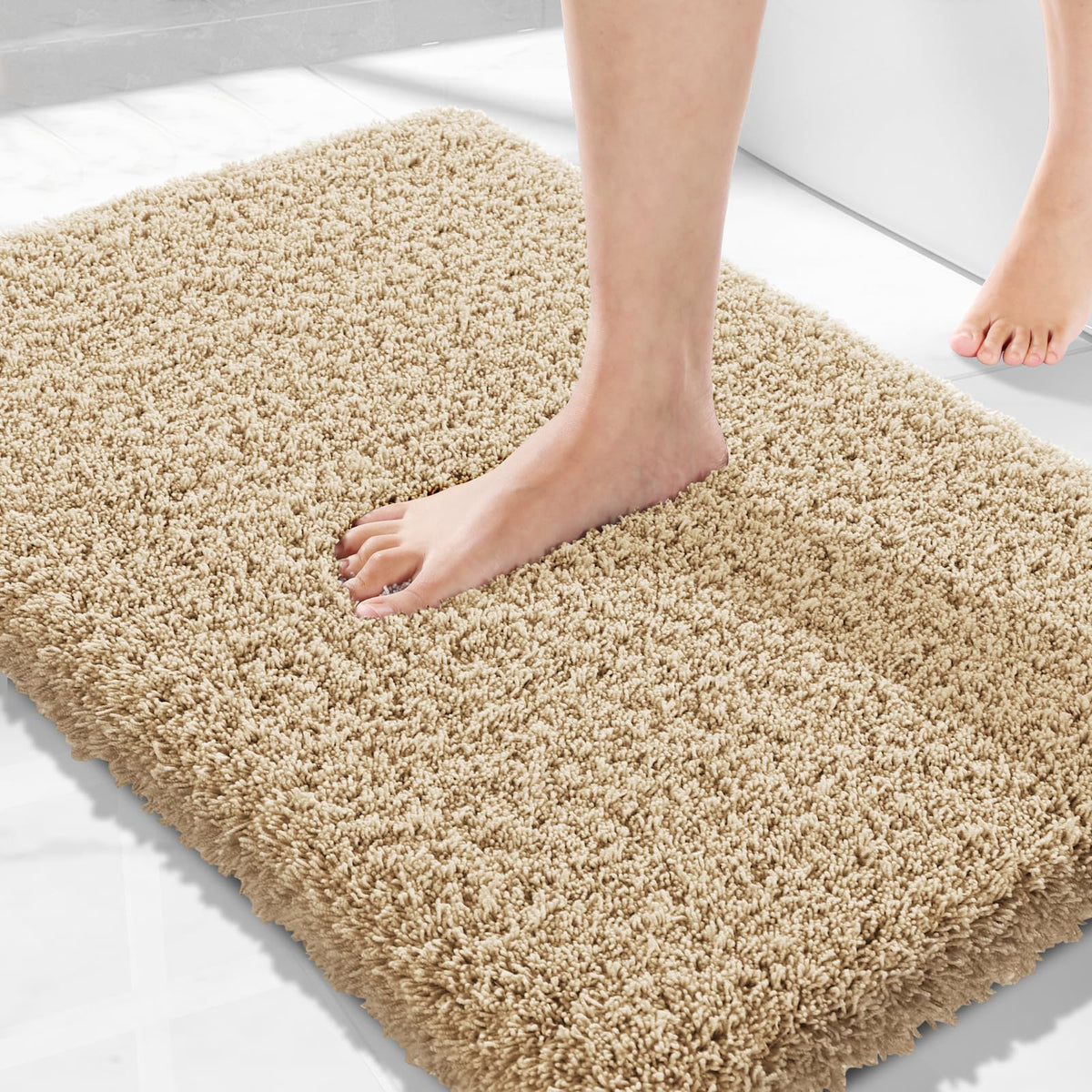 Yimobra Bathroom Rugs Non Slip Washable, Ultra Soft and Water Absorbent Bath Mats, Fluffy Shower Mat Outside, Plush Matts for Bathroom Floor/Sink, 24X17, Home Decor Accessories, Light Gray and White