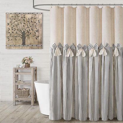 Farmhouse Shower Curtain Linen Beige Button Brown Stripe 72"W x 72"L