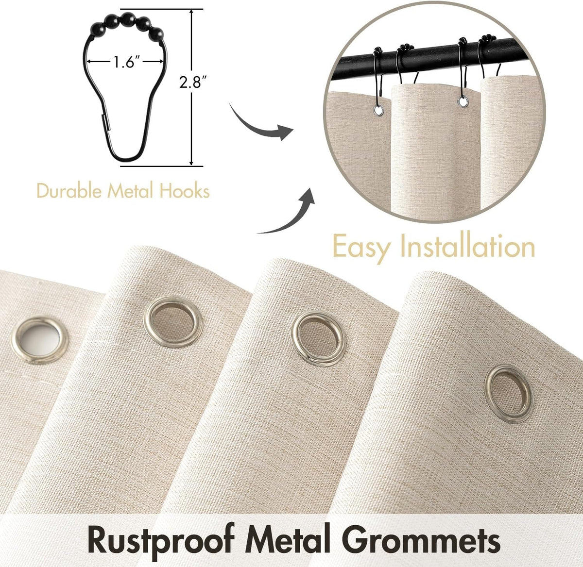 MIULEE Beige Scalloped Shower Curtain Linen Textured with 12 Metal Hooks Cute Heavy Duty Washable Waterproof Neutral Thick Cloth Shower Curtains with Black Border for Bathroom Bathtub,W72*L72 Cream