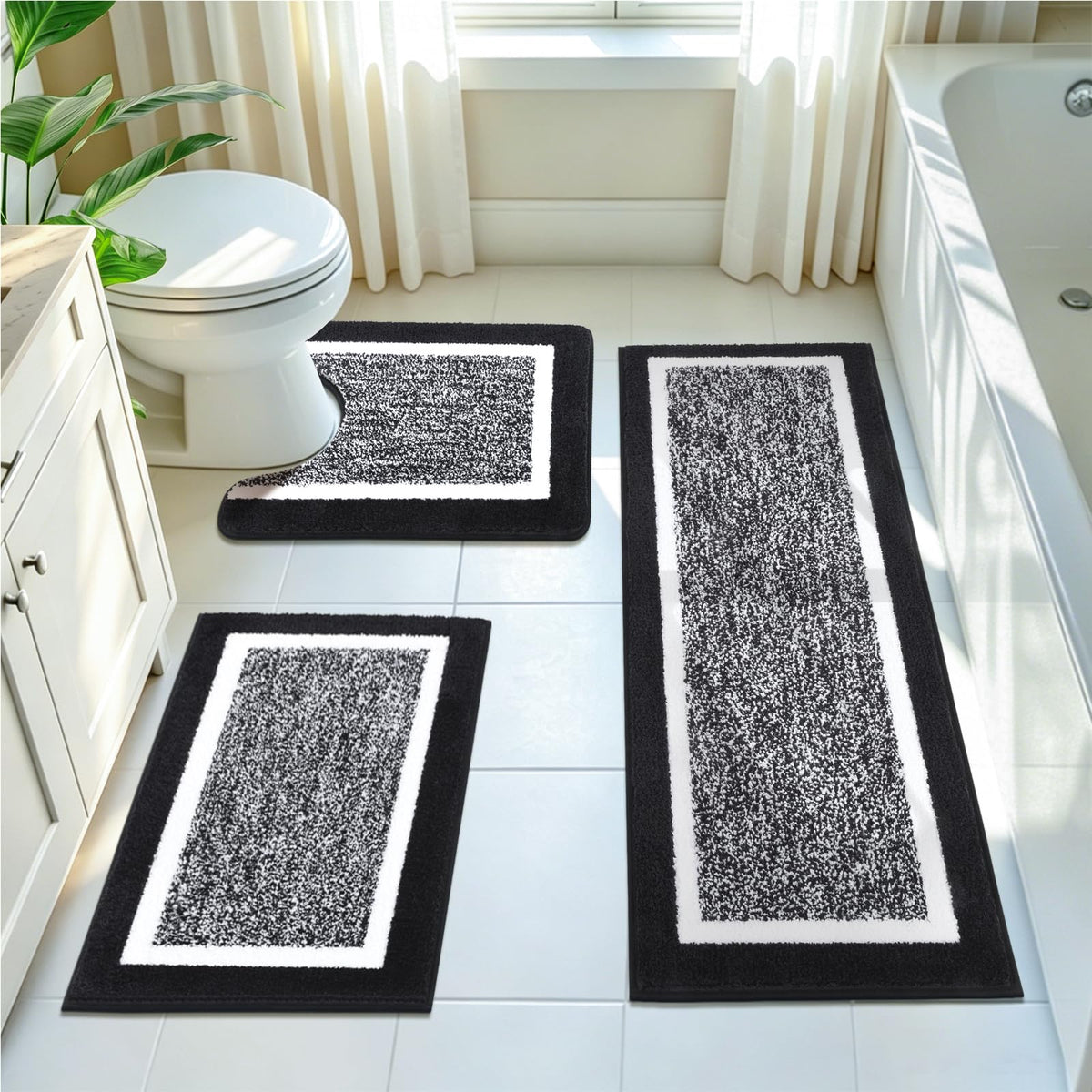 Pauwer Bathroom Rugs 3 Piece Set, Non Slip Washable Bath Mat, Dark Grey