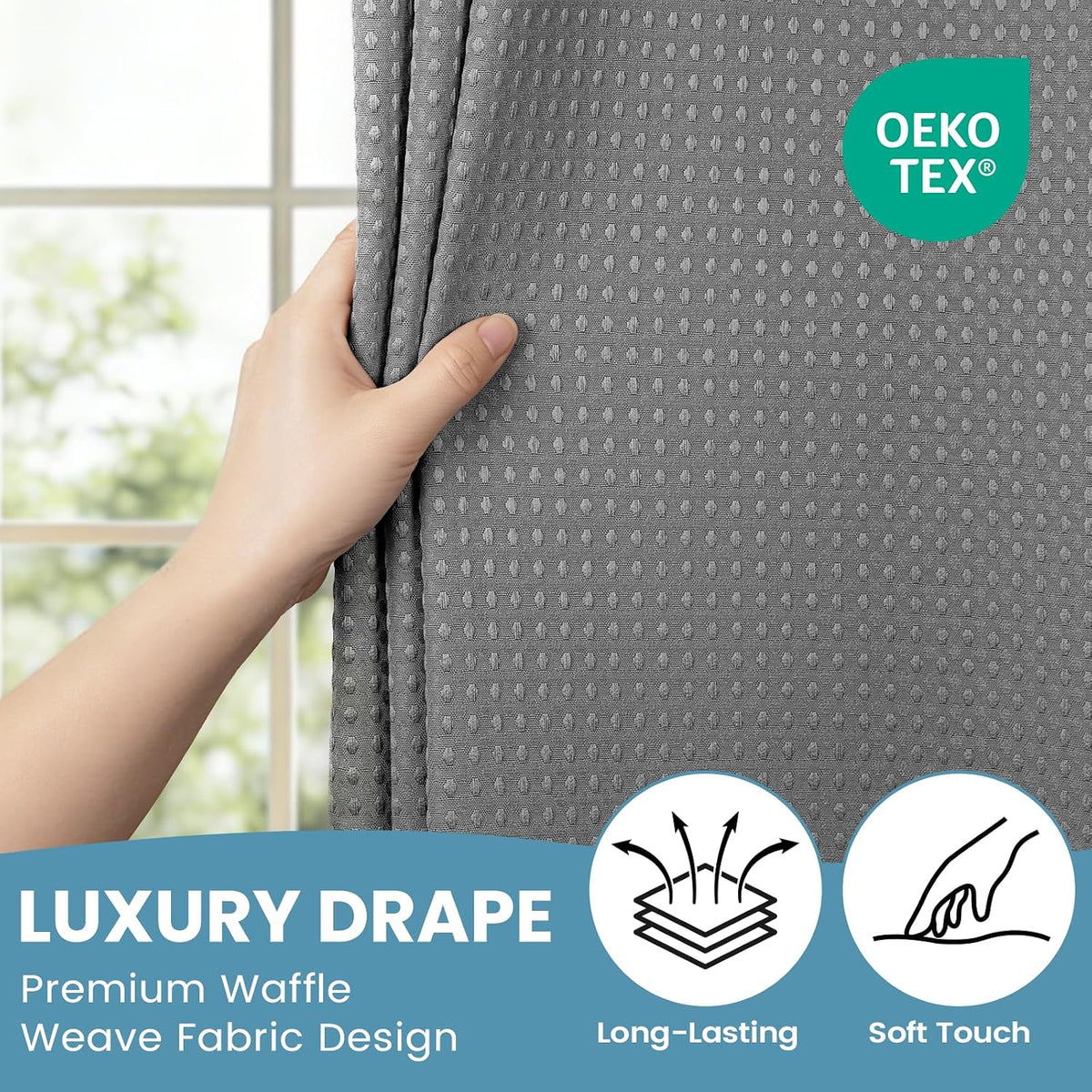 SORTTO Ringless Waffle Shower Curtain with Snap in Liner Set, 71x74, Grey