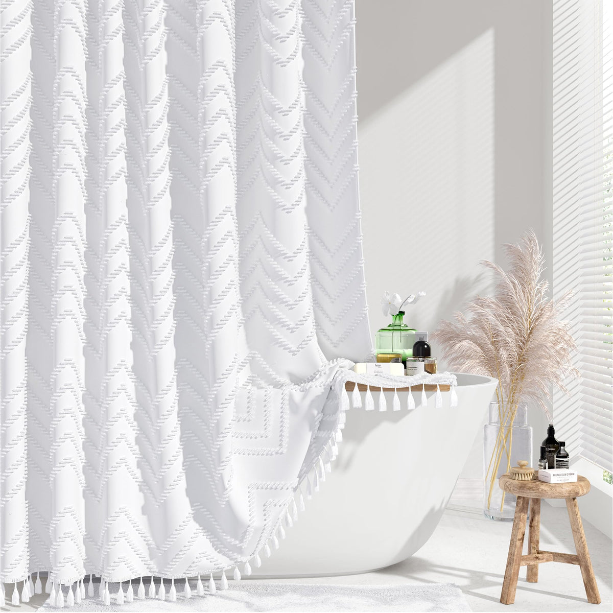 Dynamene Boho Farmhouse Fabric Shower Curtain Tufted Chevron 72"x72" Black