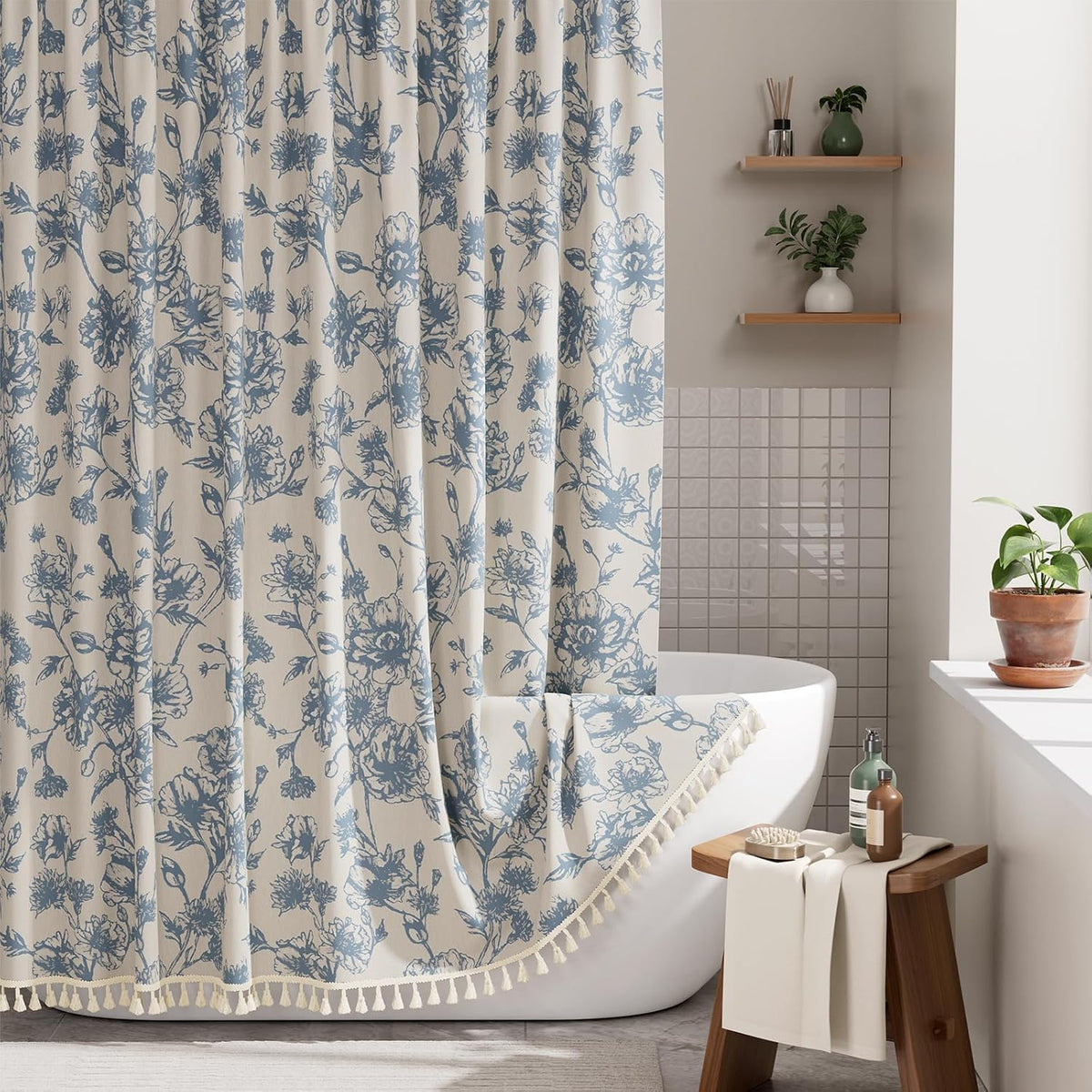 AmazerBath Boho Shower Curtain, Modern Farmhouse Shower Curtain Set with Tassels, Rustic Faux Linen Green Striped Shower Curtain with Hooks, Light Tan Toned, 72x72 Inches