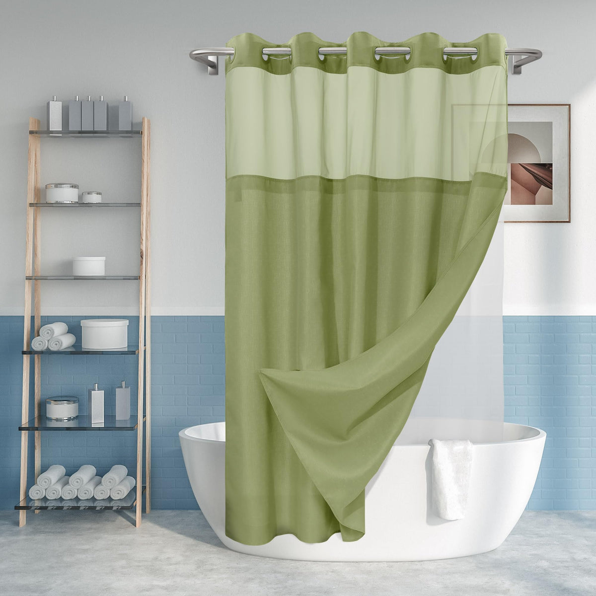 River Dream No Hook Shower Curtain with Snap-in Liner Set, White, 71x74