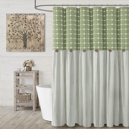 Farmhouse Shower Curtain Linen Beige Button Brown Stripe 72"W x 72"L