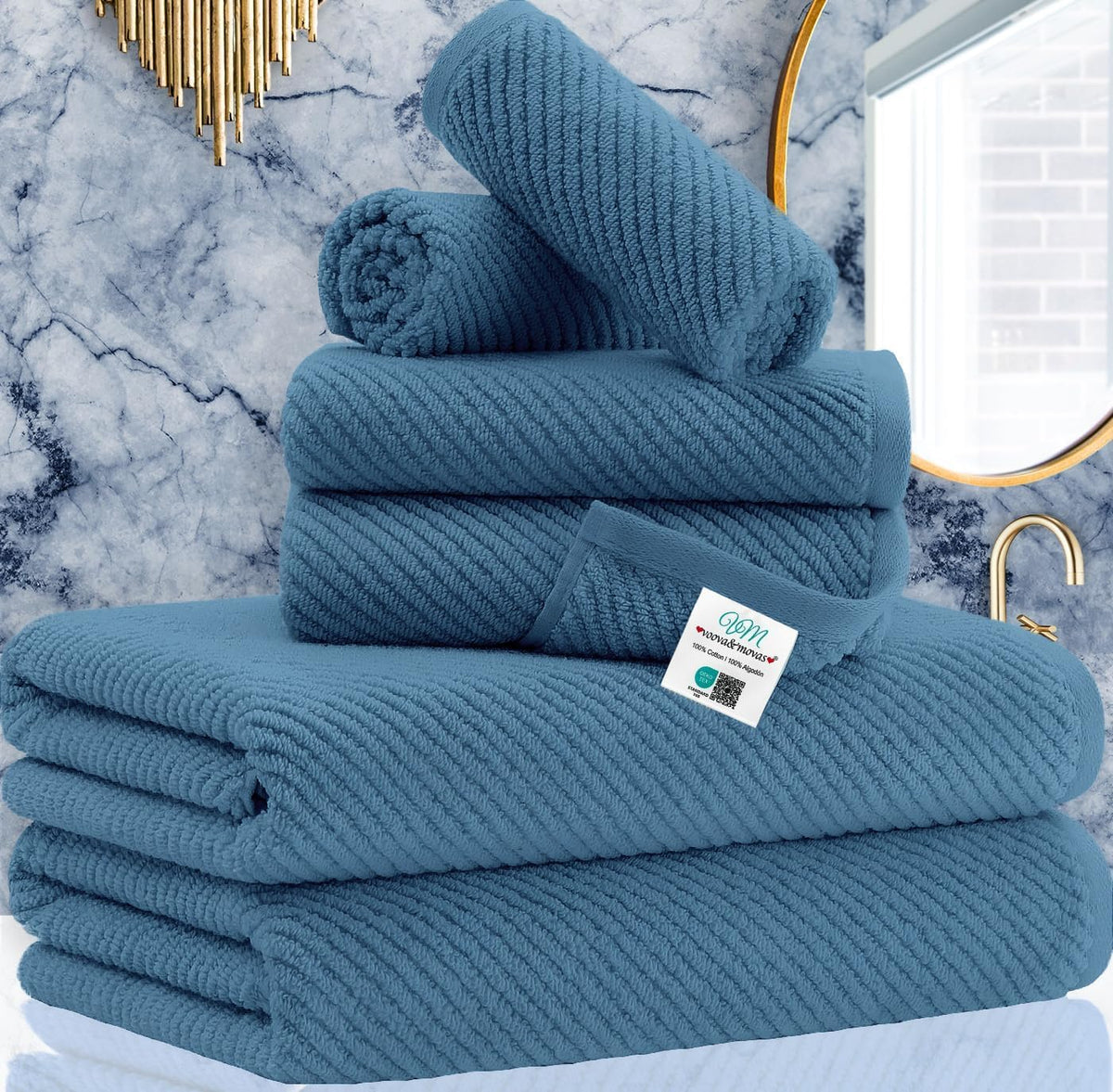 VOOVA & MOVAS 6PC Towel Set, 100% Cotton, Aqua Teal