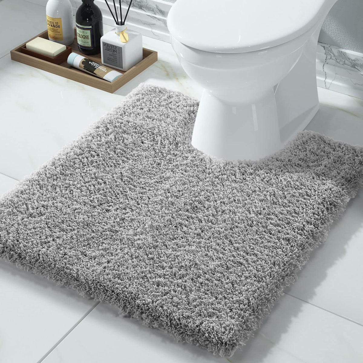 Yimobra Bathroom Rugs Non Slip Washable, Ultra Soft and Water Absorbent Bath Mats, Fluffy Shower Mat Outside, Plush Matts for Bathroom Floor/Sink, 24X17, Home Decor Accessories, Light Gray and White