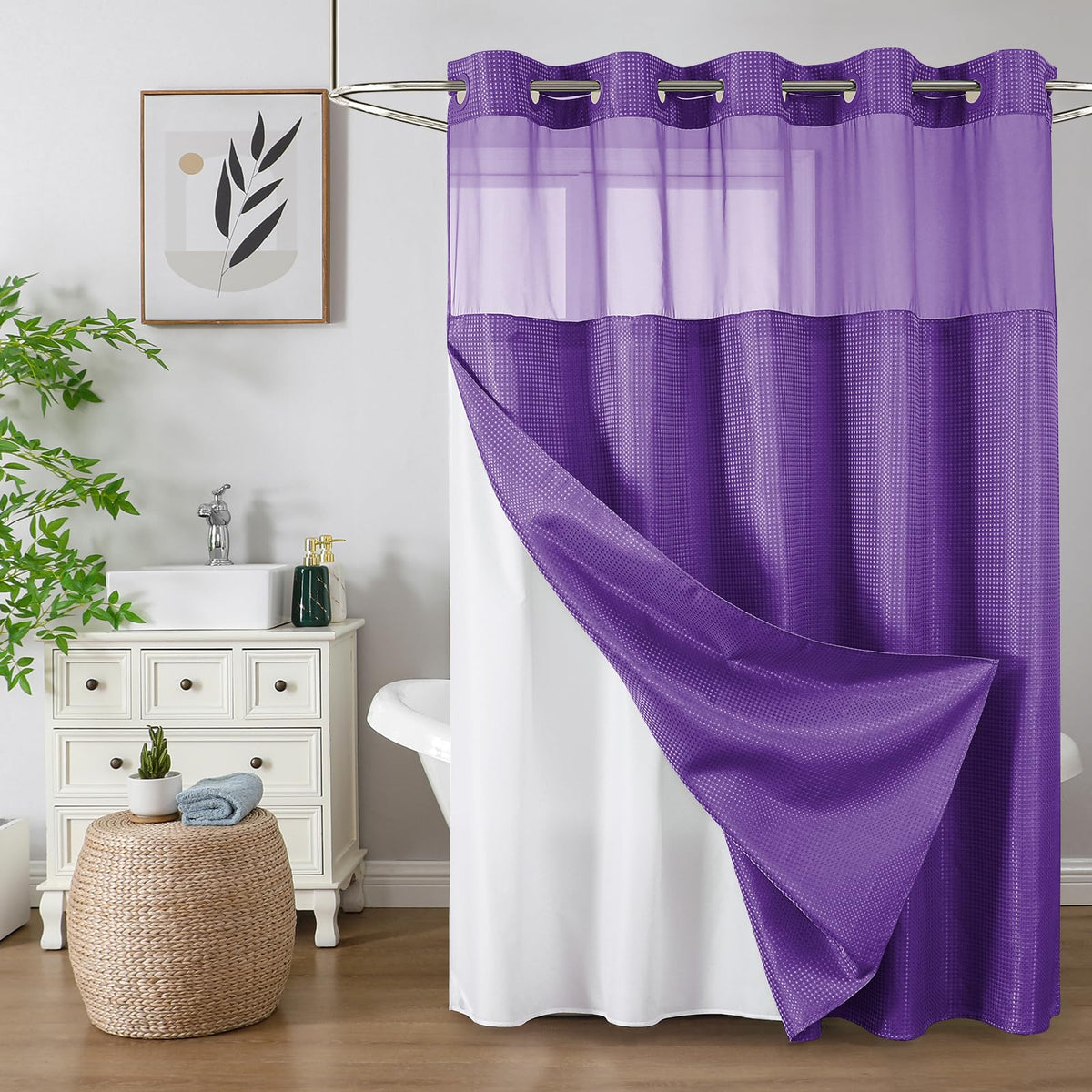 Colorful Star Sage Green No Hook Waffle Shower Curtain Set, 72 x 75 Inch