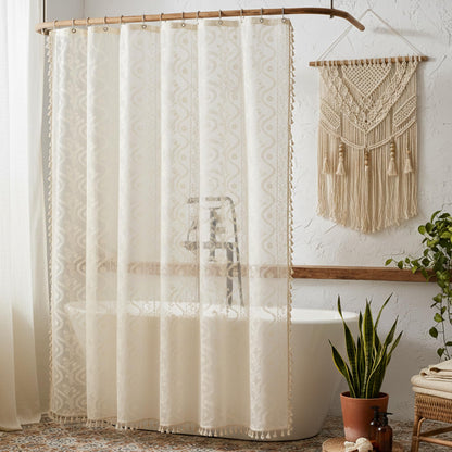 WAZZIO Dark Sage Green Lace Shower Curtain for Bathroom 72" W x 72" L, Victorian Farmhouse Floral Pattern Tassel Fancy Shower Curtain Boho Washable Cloth Decorative Bath Curtains,1 Panel