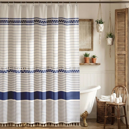 Boho Farmhouse Shower Curtain with 12 Clear Rings, Rustic Fabric Faux Linen Shower Curtain Set with Tassels, Beige & Sega Green Striped Shower Curtain for Bathroom 72" W x 84" L