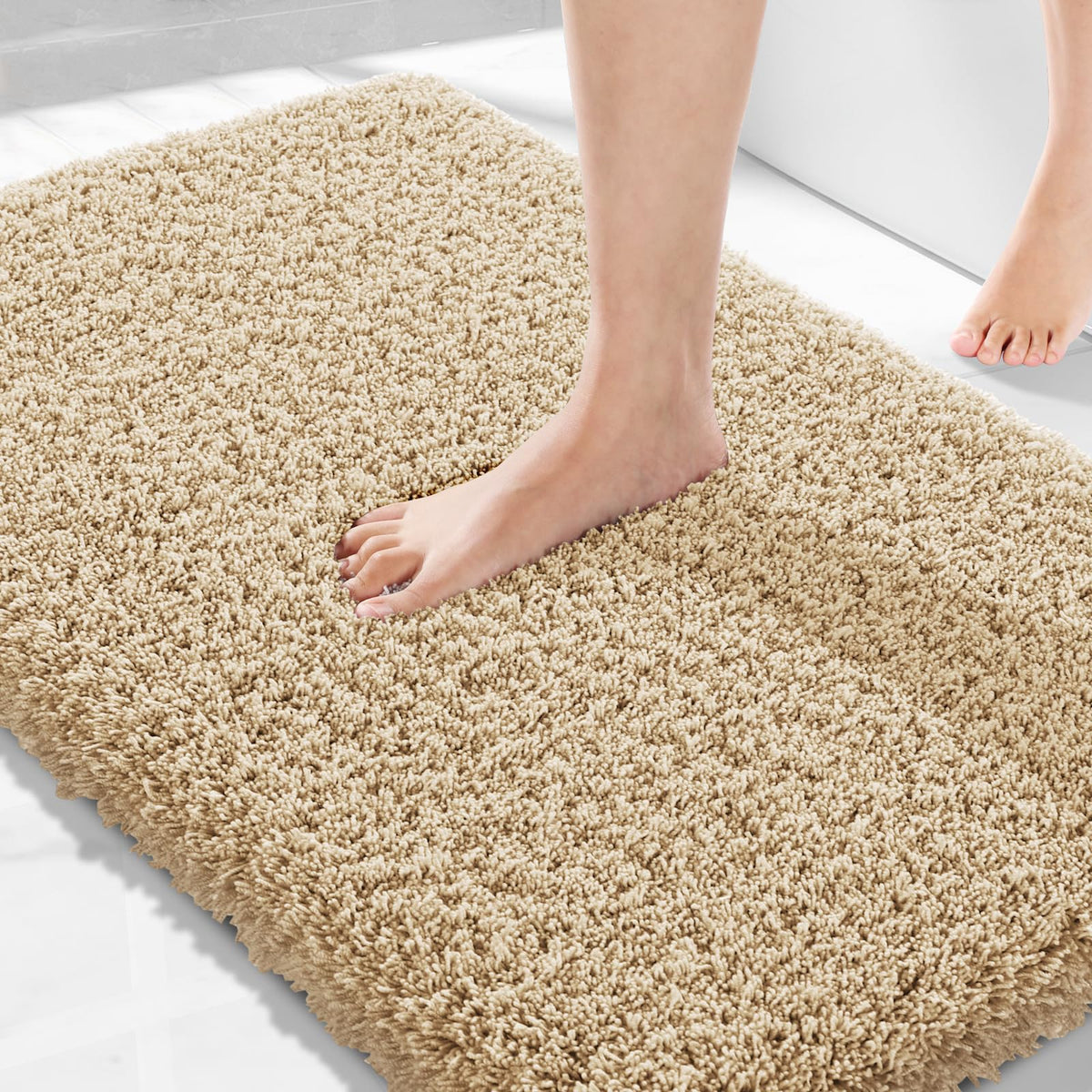 Yimobra Bathroom Rugs Non Slip Washable, Ultra Soft and Water Absorbent Bath Mats, Fluffy Shower Mat Outside, Plush Matts for Bathroom Floor/Sink, 24X17, Home Decor Accessories, Light Gray and White