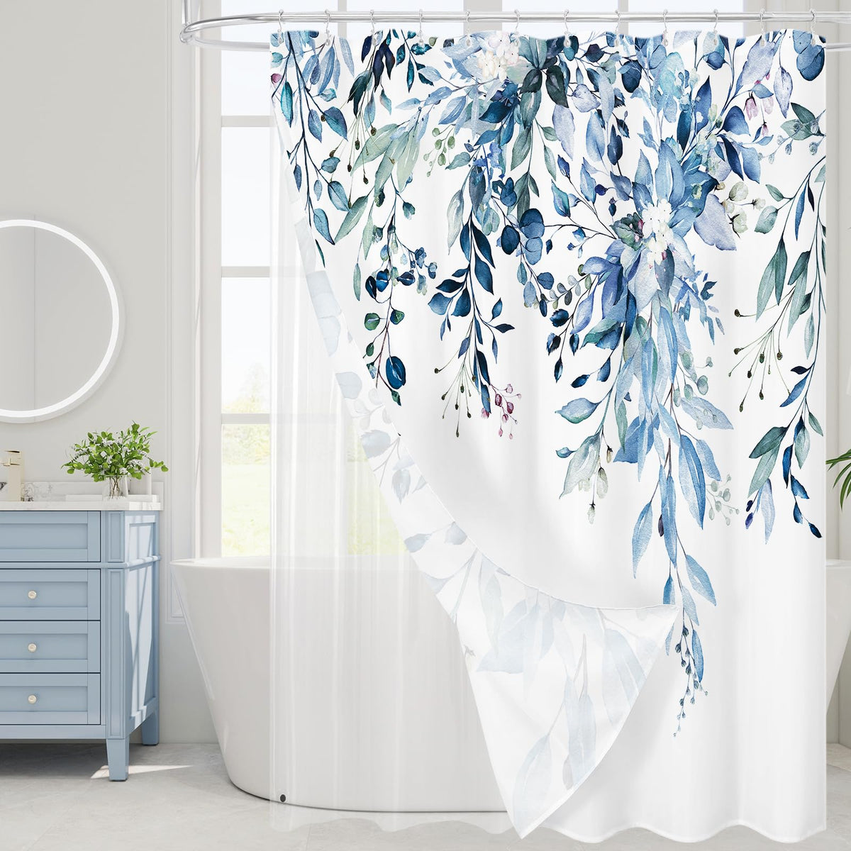 Gibelle 3 in 1 Shower Curtain Set, Grey Eucalyptus Curtain 72x72