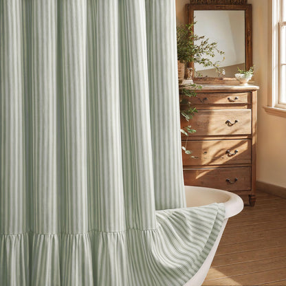 Farmhouse Shower Curtain Ruffle Linen Cream-Green Stripe 72"W x 72"L