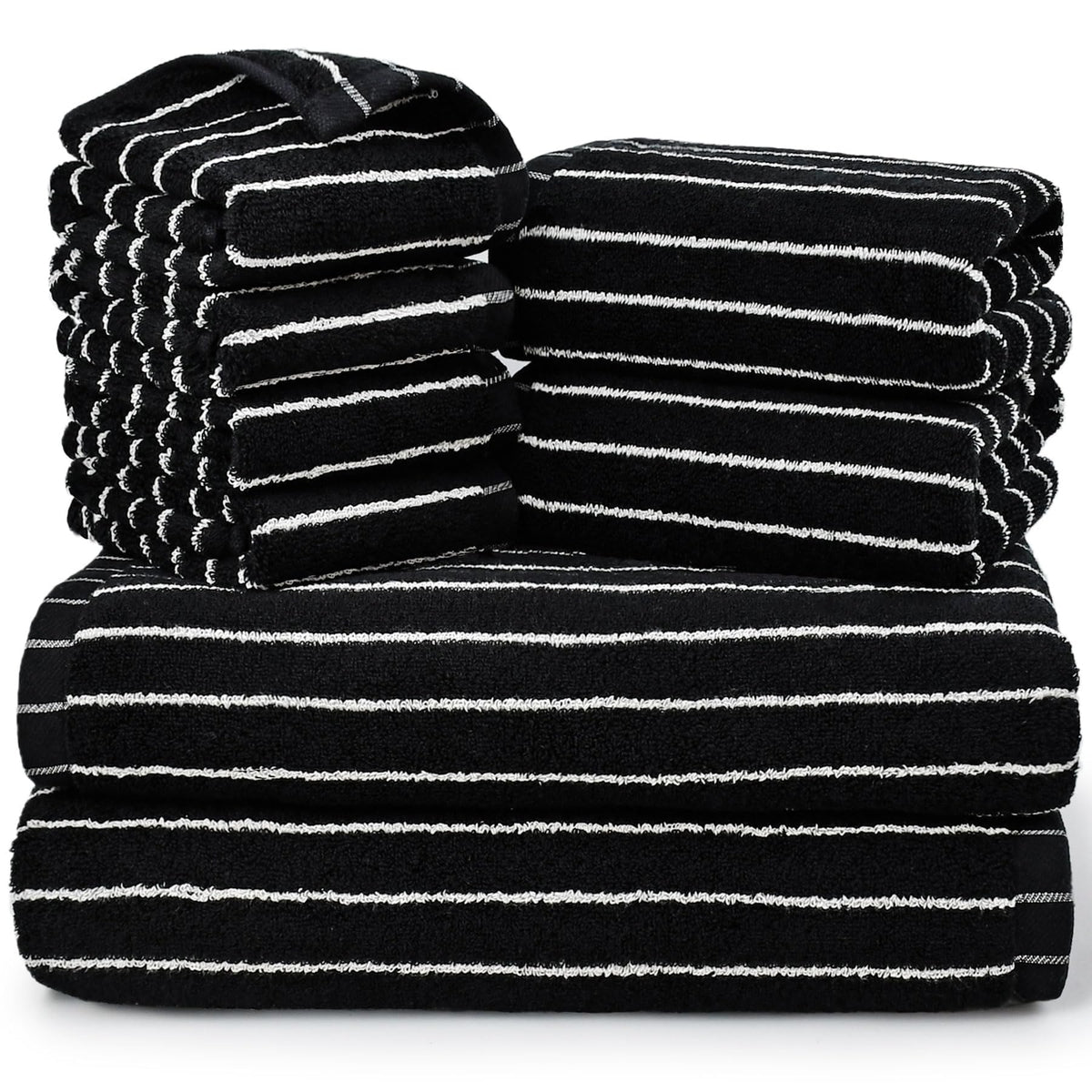 8 Piece Black and Ivory Towel Set, Super Soft & Absorbent Cotton Striped
