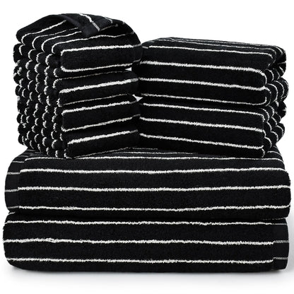 8 Piece Black and Ivory Towel Set, Super Soft & Absorbent Cotton Striped