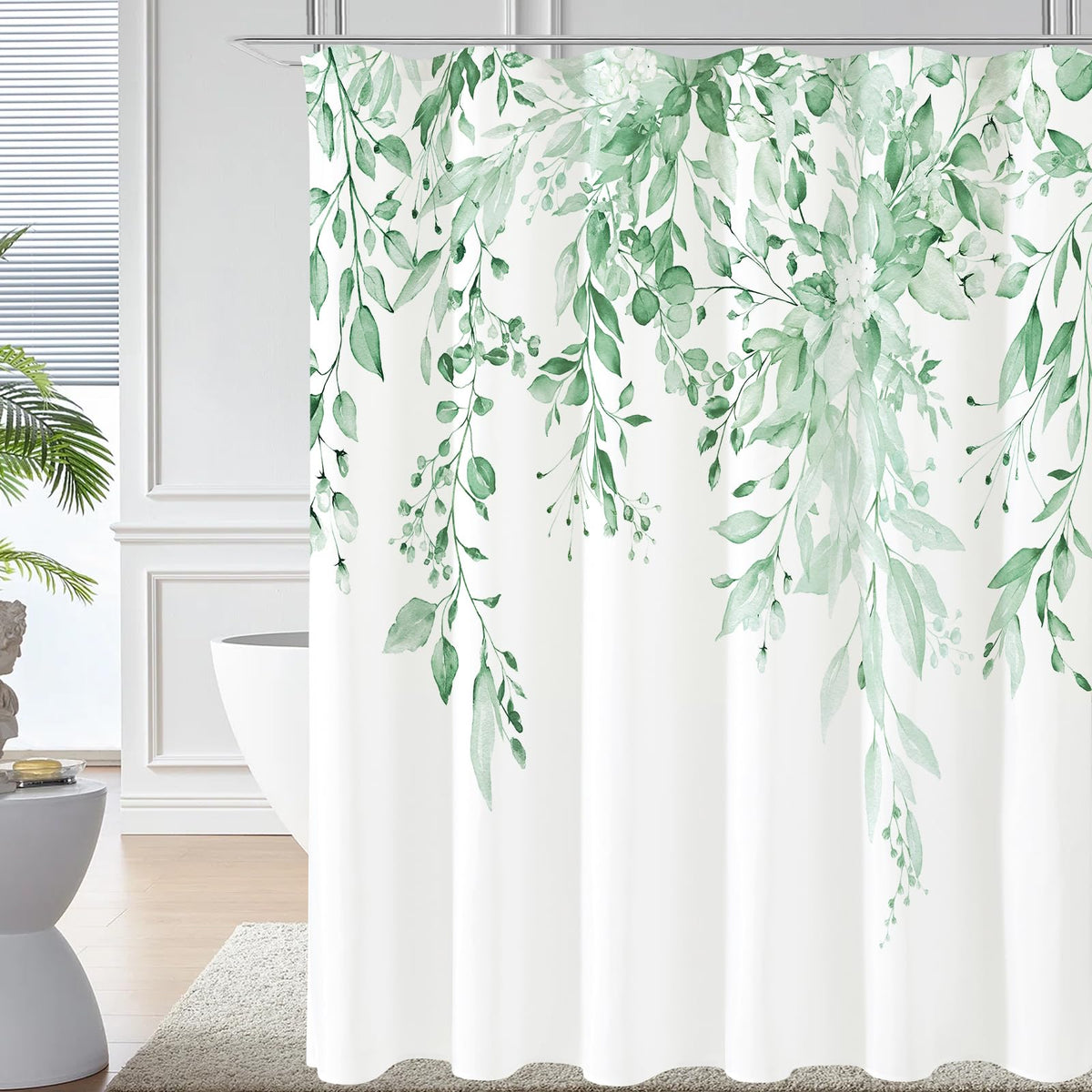 Gibelle Grey Eucalyptus Shower Curtain, Watercolor Floral Print, 72x72