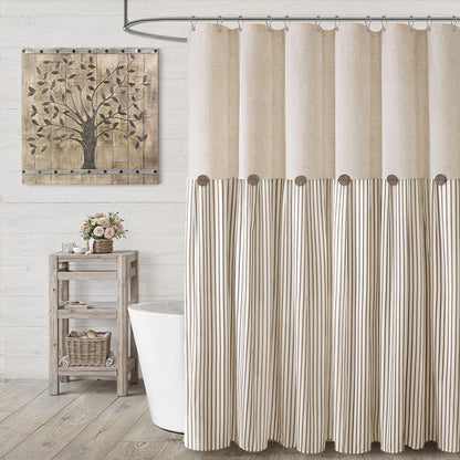 Farmhouse Shower Curtain Linen Beige Button Brown Stripe 72"W x 72"L
