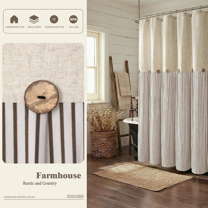 Farmhouse Shower Curtain Linen Beige Button Brown Stripe 72"W x 72"L