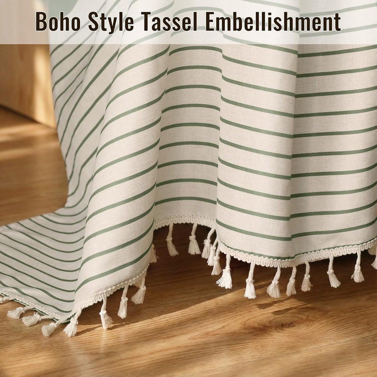 Boho Farmhouse Shower Curtain with 12 Clear Rings, Rustic Fabric Faux Linen Shower Curtain Set with Tassels, Beige & Sega Green Striped Shower Curtain for Bathroom 72" W x 84" L