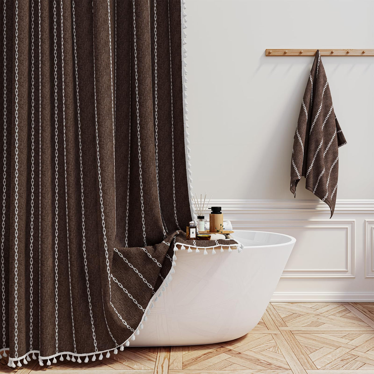 BTTN Cream Boho Farmhouse Linen Heavy Duty Shower Curtain Set, 72x72, Beige