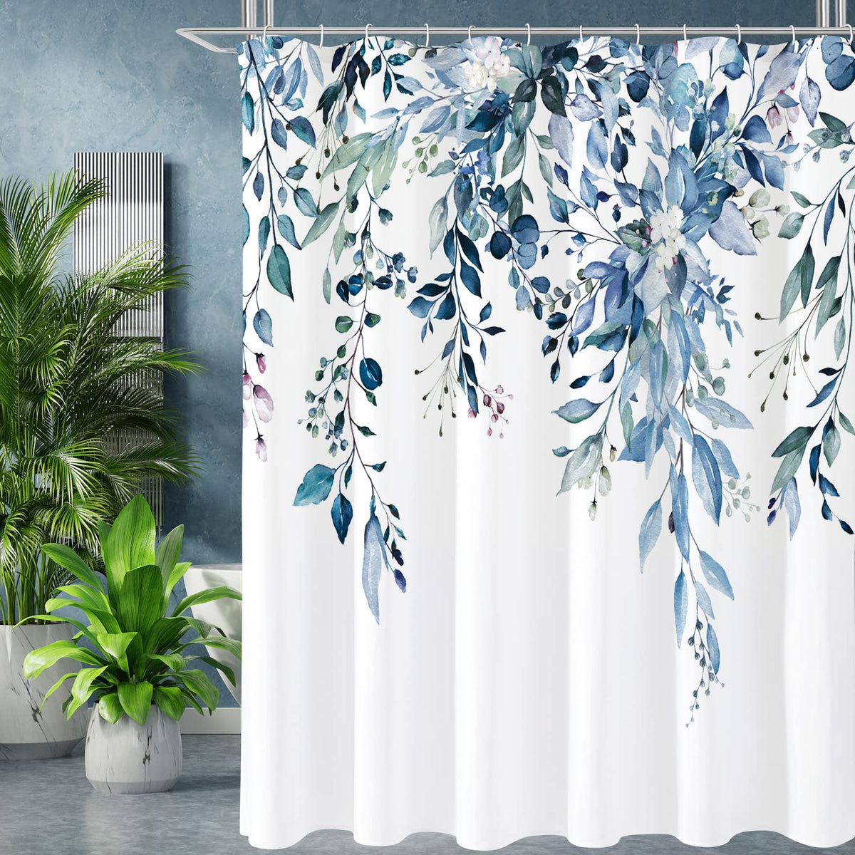 Gibelle Grey Eucalyptus Shower Curtain, Watercolor Floral Print, 72x72