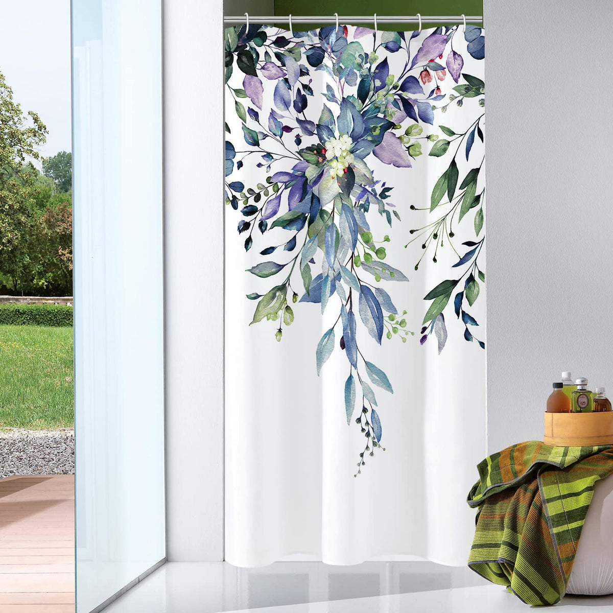 Gibelle Grey Eucalyptus Shower Curtain, Watercolor Floral Print, 72x72