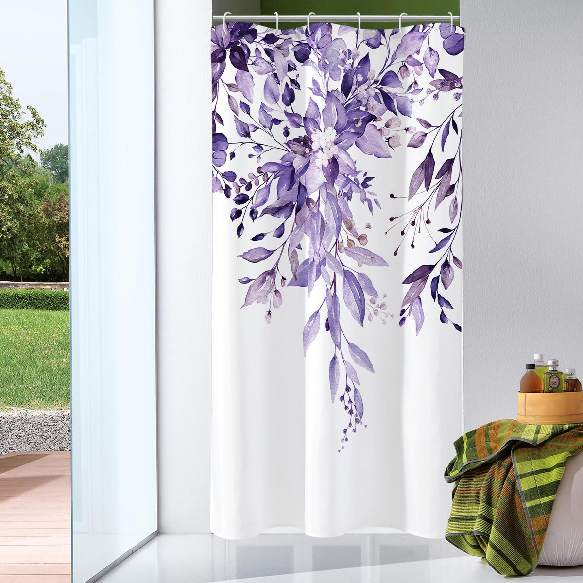 Gibelle Grey Eucalyptus Shower Curtain, Watercolor Floral Print, 72x72