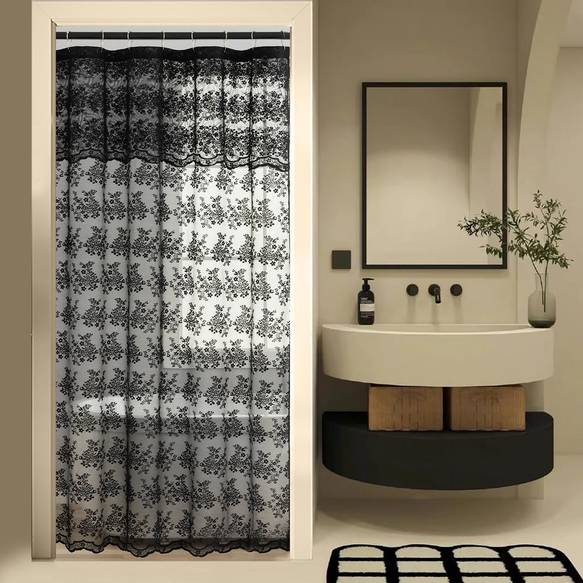 Ivory Lace Shower Curtain 72x72, Vintage Shabby Chic with Attached Valance