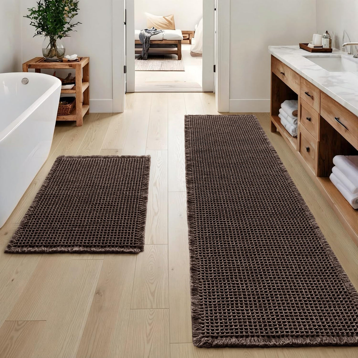 MIULEE Set of 2 Waffle Bathroom Rugs Boho Bath Mat Brown 18x30 Inch
