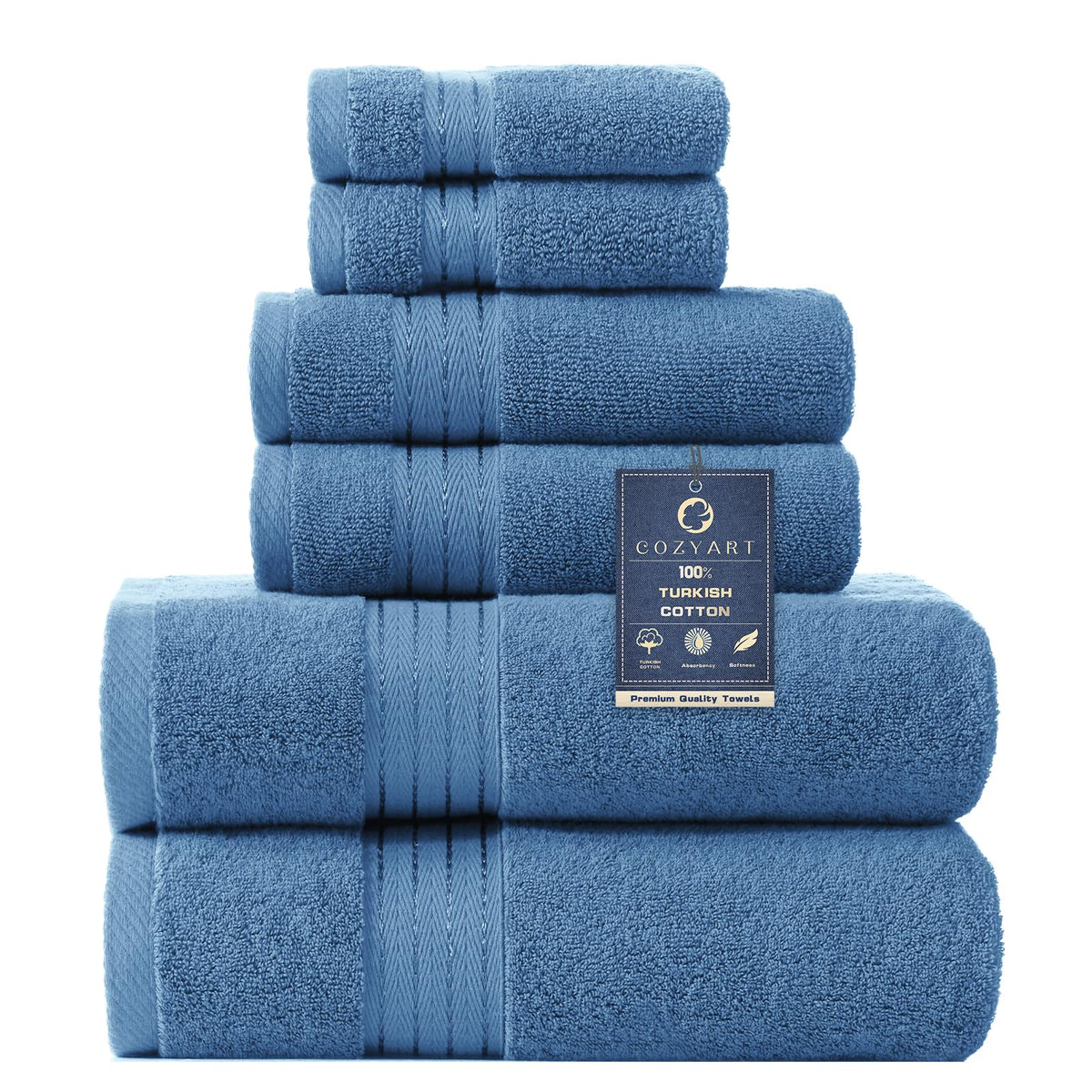 COZYART Luxury Bath Towel Set 6 Pcs, Dark Green 100% Turkish Cotton 650 GSM