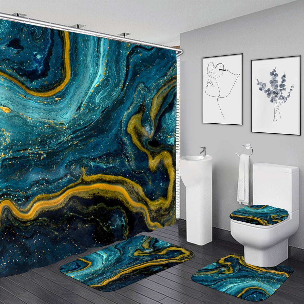 Nkzply 4 Pcs Black Marble Shower Curtain Sets with Rugs Gold Bathroom Set