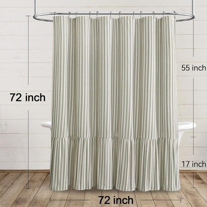 Farmhouse Shower Curtain Ruffle Linen Cream-Green Stripe 72"W x 72"L