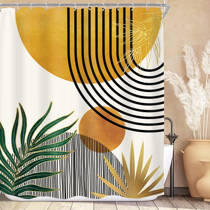 KOMLLEX Mid Century Green Boho Shower Curtain, Abstract Modern Shower Curtains for Bathroom, Plant Botanical Minimalist Leaf Arch Sun Fabric Liner Waterproof Polyester 12 Pack Hooks 60Wx72L Inches
