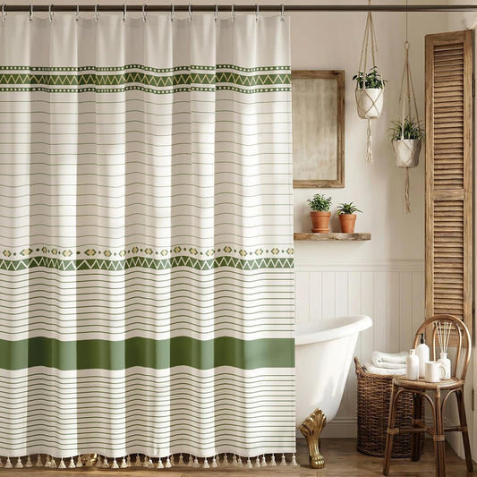 Boho Farmhouse Shower Curtain with 12 Clear Rings, Rustic Fabric Faux Linen Shower Curtain Set with Tassels, Beige & Sega Green Striped Shower Curtain for Bathroom 72" W x 84" L