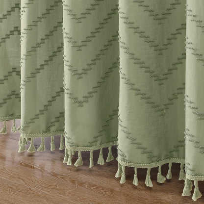 OWENIE Boho Shower Curtain, White Fabric Cloth Shower Curtains Farmhouse Tufted Chevron Striped Textured with Tassel for Bathroom, Soft Hotel Style Modern Minimalist, Machine Washable, 72x72, White