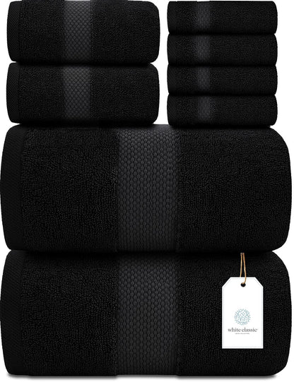White Classic Luxury White Bath Towel Set of 8 - Soft 100% Turkish Cotton