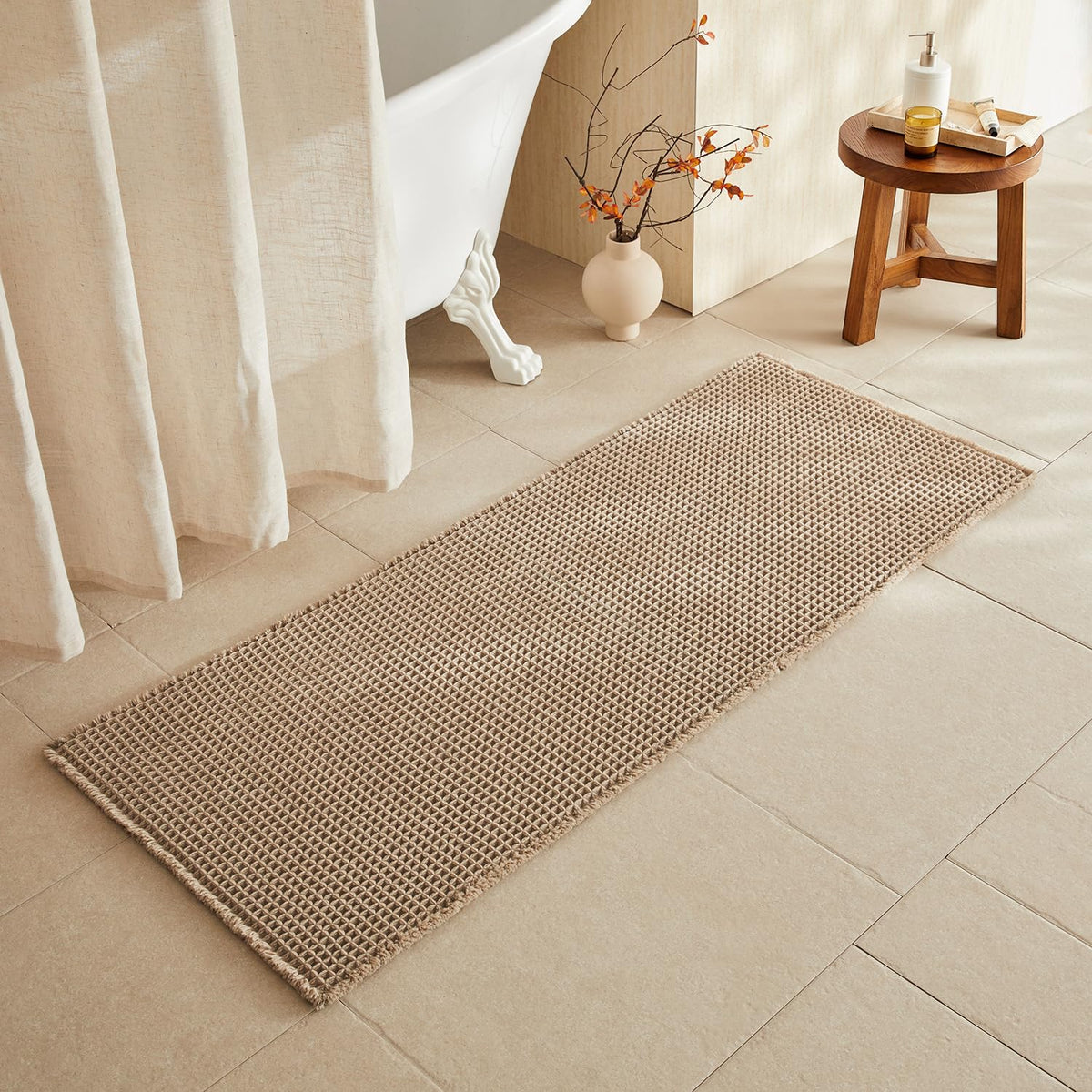 TYUU Waffle Bath Mat, Boho Bathroom Rugs Non Slip Washable, 30x20 Khaki