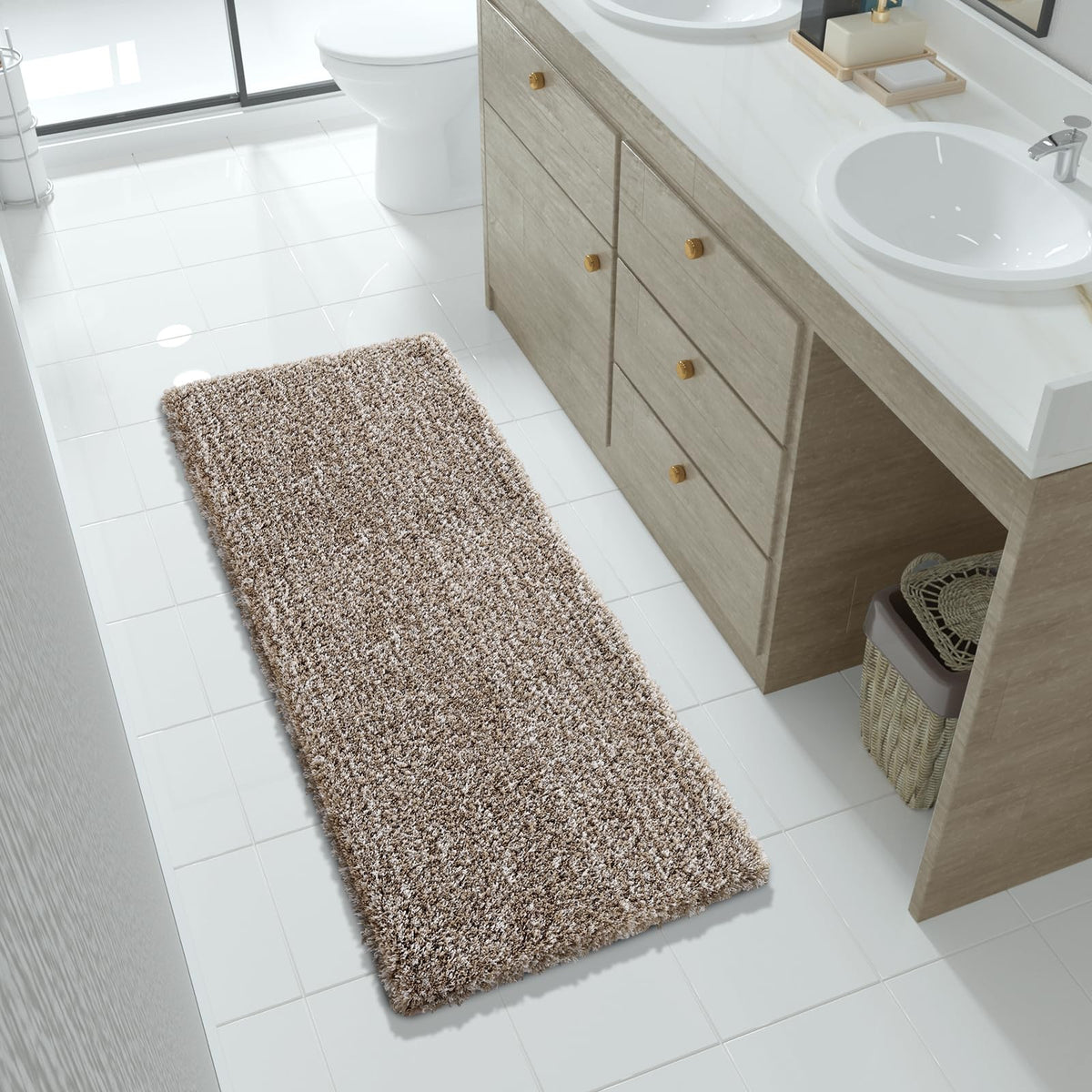 Yimobra Bathroom Rugs Non Slip Washable, Ultra Soft and Water Absorbent Bath Mats, Fluffy Shower Mat Outside, Plush Matts for Bathroom Floor/Sink, 24X17, Home Decor Accessories, Light Gray and White