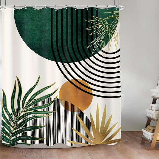 KOMLLEX Mid Century Green Boho Shower Curtain, Abstract Modern Shower Curtains for Bathroom, Plant Botanical Minimalist Leaf Arch Sun Fabric Liner Waterproof Polyester 12 Pack Hooks 60Wx72L Inches