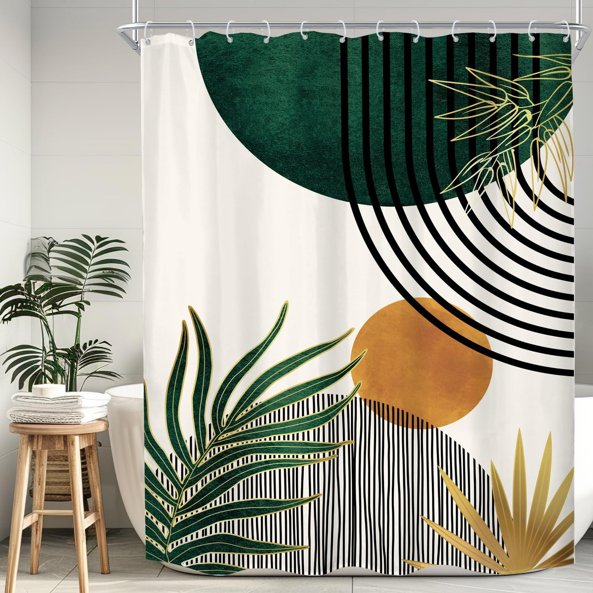 KOMLLEX Mid Century Green Boho Shower Curtain, Abstract Modern Shower Curtains for Bathroom, Plant Botanical Minimalist Leaf Arch Sun Fabric Liner Waterproof Polyester 12 Pack Hooks 60Wx72L Inches