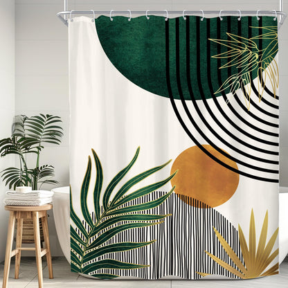 KOMLLEX Mid Century Green Boho Shower Curtain, Abstract Modern Shower Curtains for Bathroom, Plant Botanical Minimalist Leaf Arch Sun Fabric Liner Waterproof Polyester 12 Pack Hooks 60Wx72L Inches