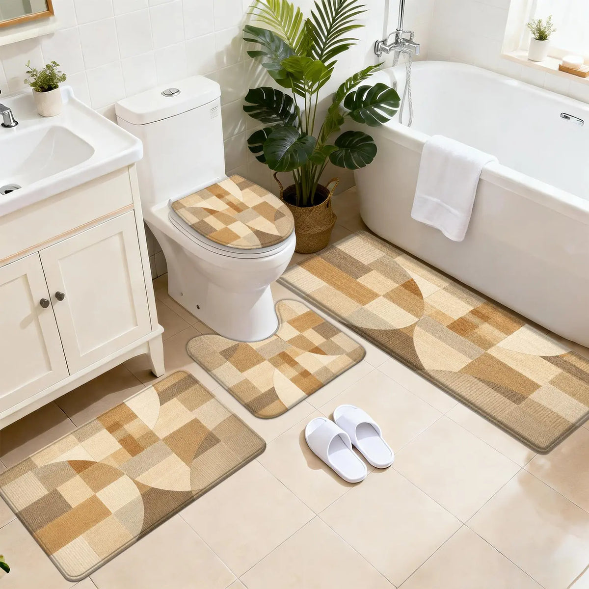 DearTex 3-4pcs Geometric Curved Line Thick Modern Flannel Bath Rug Set - Anti-Skid Custom-Shaped Non-Slip Rubber Water-Absorbent Mats with Washable U-Shaped Toilet Lid Cover Bathroom Accessories, Anti-Skid Bath Mats, Custom-Shaped Bath Mats