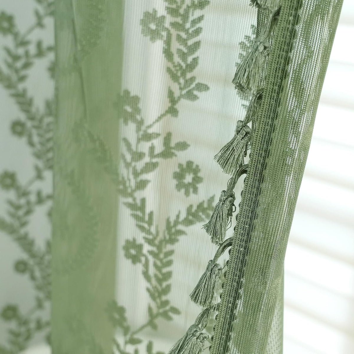 WAZZIO Dark Sage Green Lace Shower Curtain for Bathroom 72" W x 72" L, Victorian Farmhouse Floral Pattern Tassel Fancy Shower Curtain Boho Washable Cloth Decorative Bath Curtains,1 Panel