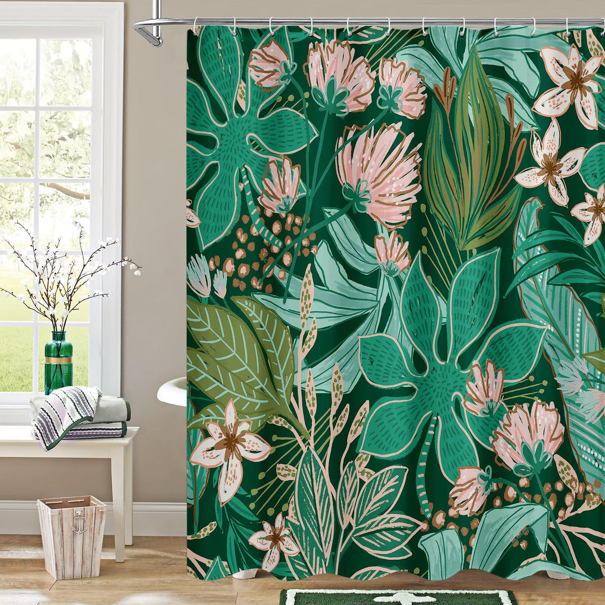 Boho Floral Shower Curtain, Vintage Botanical Fabric Curtain, 72 x 72