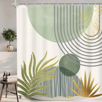 KOMLLEX Mid Century Green Boho Shower Curtain, Abstract Modern Shower Curtains for Bathroom, Plant Botanical Minimalist Leaf Arch Sun Fabric Liner Waterproof Polyester 12 Pack Hooks 60Wx72L Inches