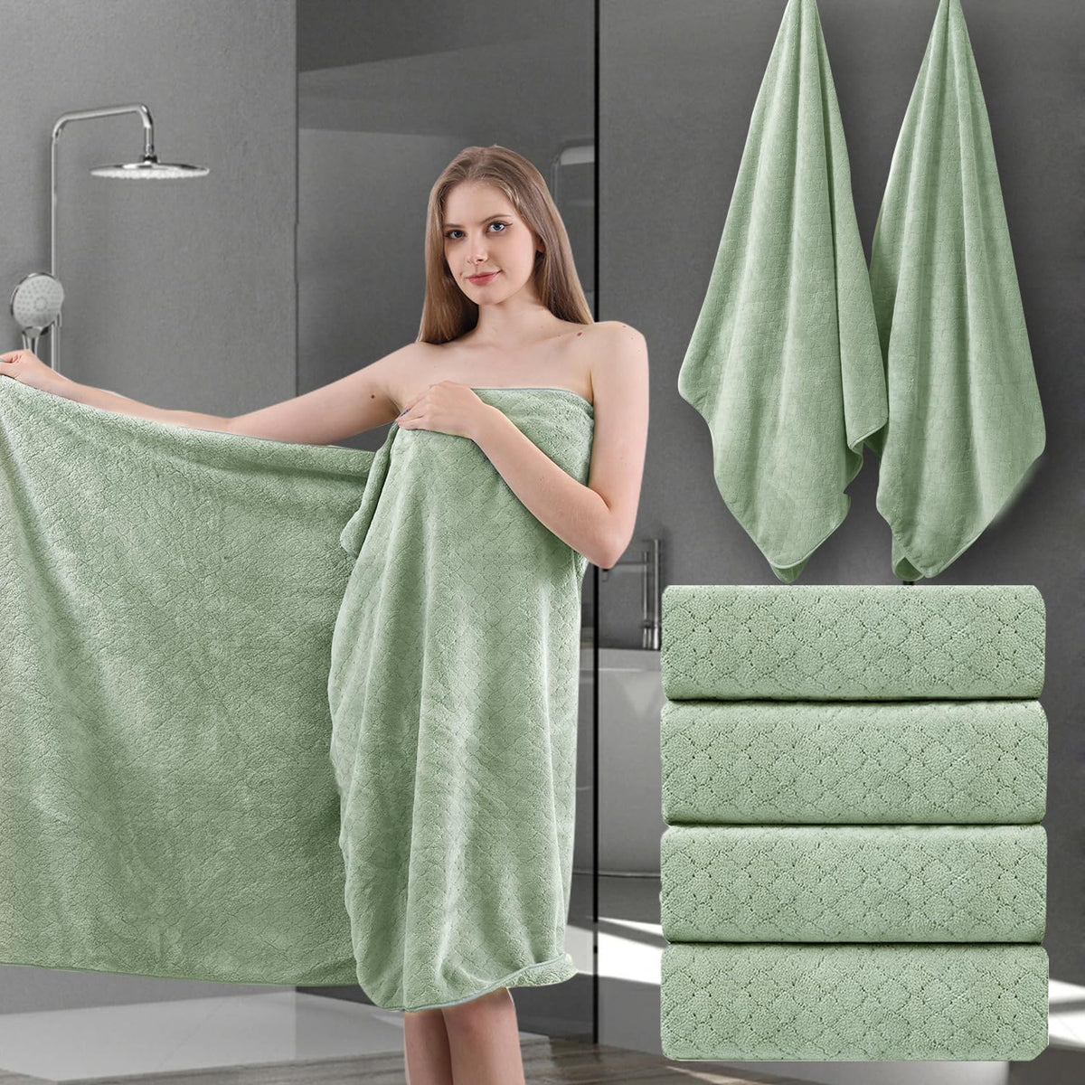 Ycosy 8-Piece Bath Towels Set,2 Oversized Bath Sheet,2 Hand Towels and 4 Washcloths - 600 GSM Soft Microfiber Highly Absorbent Quick Dry Shower Towel Collection for Bathroom Hotel and Spa,Mint Green