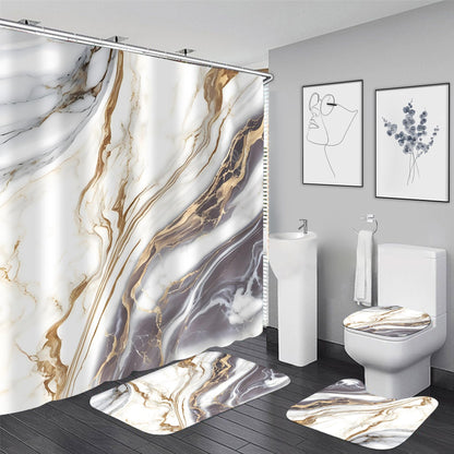 Nkzply 4 Pcs Black Marble Shower Curtain Sets with Rugs Gold Bathroom Set