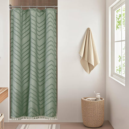 OWENIE Boho Shower Curtain, White Fabric Cloth Shower Curtains Farmhouse Tufted Chevron Striped Textured with Tassel for Bathroom, Soft Hotel Style Modern Minimalist, Machine Washable, 72x72, White