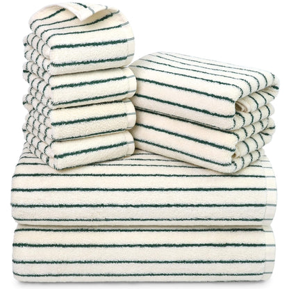 8 Piece Black and Ivory Towel Set, Super Soft & Absorbent Cotton Striped