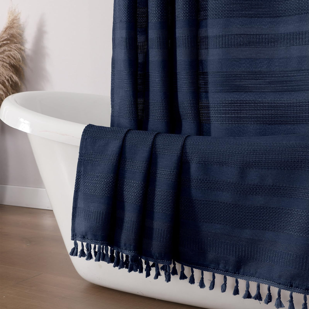 OVZME Natural Linen Shower Curtain for Bathroom, Boho Farmhouse Rustic Striped Shower Curtain with Tassel, Textured Heavy Duty Vintage Country Bathroom Curtain, 72Wx72L Inches